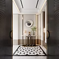 Modern Entryway Hallway Interior Design With Round Mirror Console Table And Geometric Floor