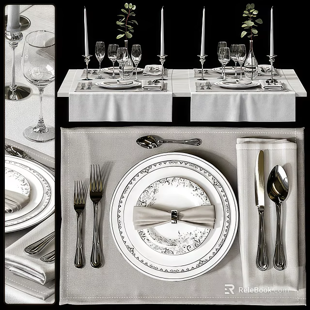 Elegant Dinnerware Set With Ornate Pattern Cloth Napkin Cutlery And Wine Glasses 3d model 