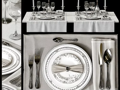 Elegant Dinnerware Set With Ornate Pattern Cloth Napkin Cutlery And Wine Glasses 3d model
