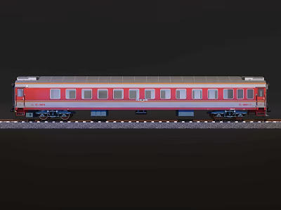 Red Passenger Train Carriage With Multiple Windows On Railway Tracks 3d model