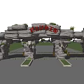 Stone Entrance Gate With Multiple Arches Red Signage Green Plants And Blue Sky White Clouds