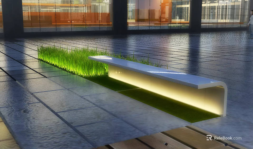 Modern Outdoor Garden Ornament Featuring Illuminated Bench Green Grass And Stone Pavement 3d model 