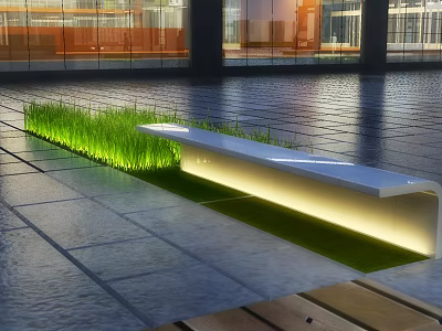 Modern Outdoor Garden Ornament Featuring Illuminated Bench Green Grass And Stone Pavement 3d model