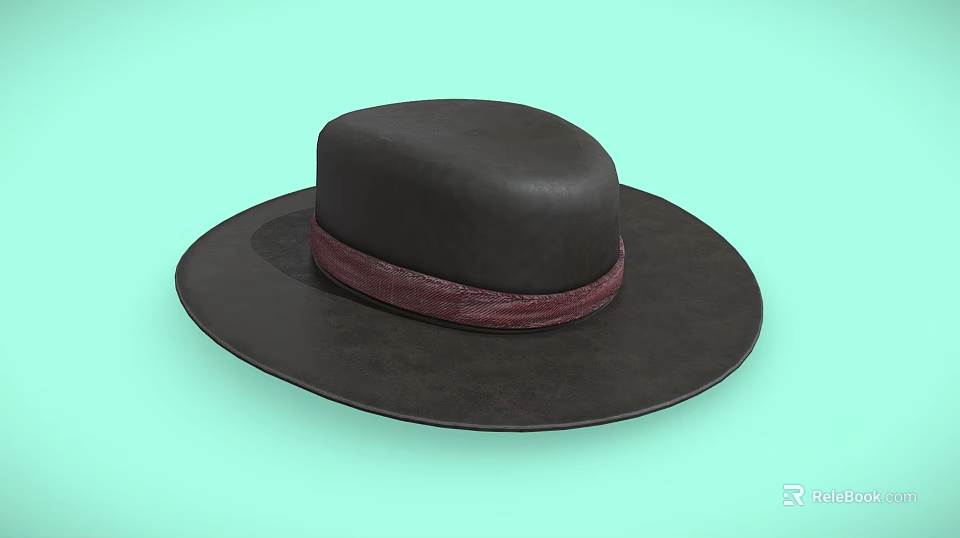 Stylish Black Wide Brimmed Hat With Red Ribbon Band Decoration 3d model 