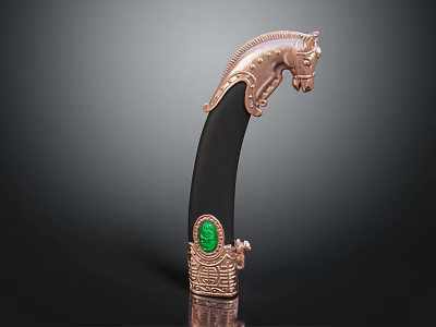 Ornate Decorative Handle With Horse Head Design Black Body Green Gemstone And Carved Base 3d model