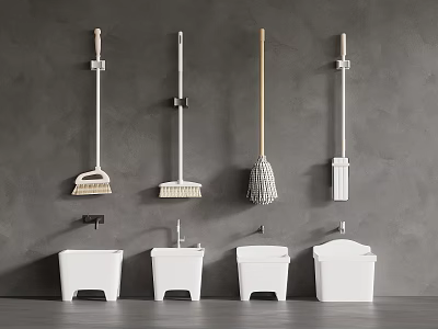 Cleaning Tools Mops Brooms Hanging On Gray Wall With White Buckets Below 3d model