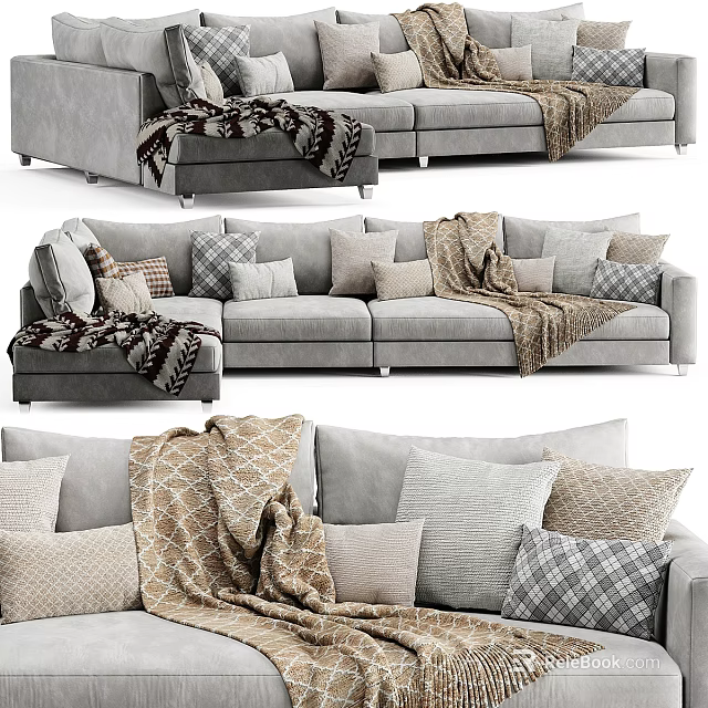 Cozy Gray Sectional Sofa With Multiple Pillows And Soft Throw Blankets Design 3d model