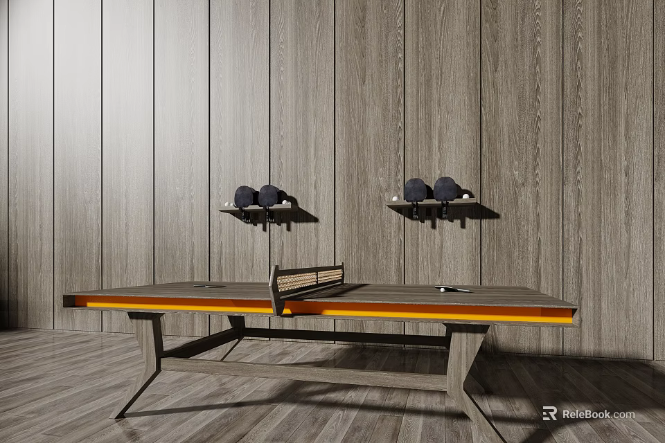 Modern Table Tennis Table With Wooden Wall Background And Hanging Balls Paddles 3d model 