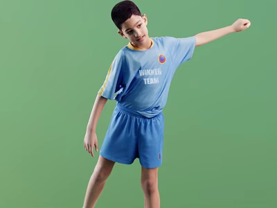Short Sleeved Blue Sports Uniform With Winner Team Text On Green Background For Young Athletes 3d model