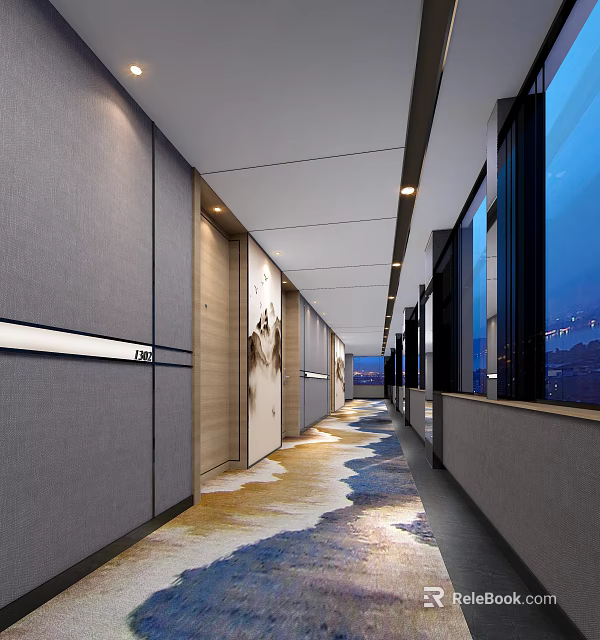 Modern Hotel Corridor Design With Ceiling Lighting Decorative Wall Art And Patterned Carpet 3d model