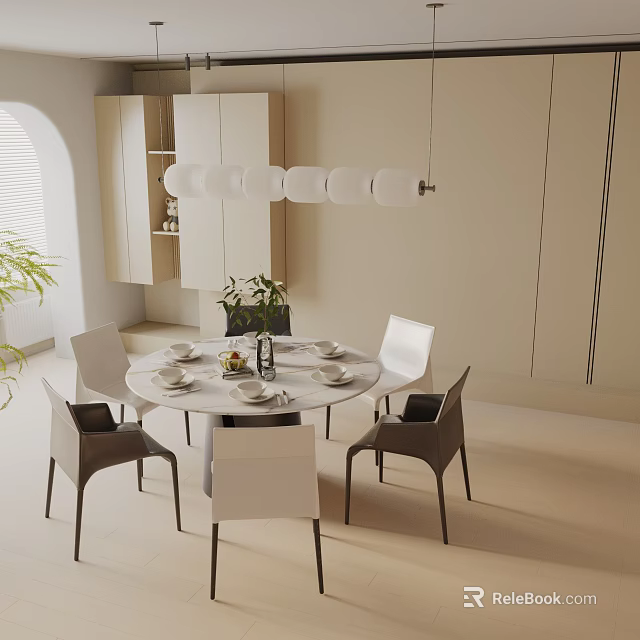 Modern Dining Table Set With Round Table Chairs Pendant Light And Green Plants 3d model