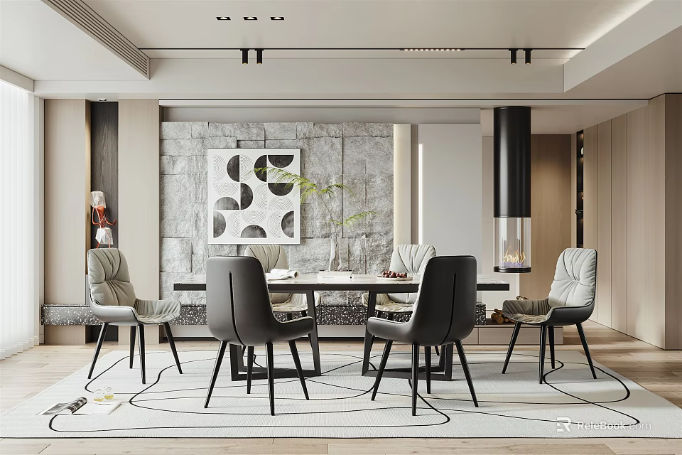 Modern Restaurant Interior With Dining Table Chairs Decorative Wall And Pendant Lights 3d model 