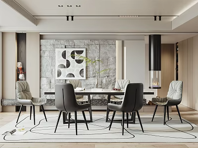 Modern Restaurant Interior With Dining Table Chairs Decorative Wall And Pendant Lights 3d model