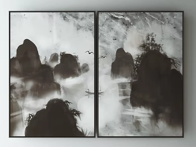 Chinese Ink Paintings With Misty Mountain Peaks Small Boat And Flying Birds 3d model