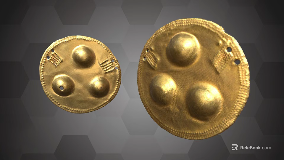 Golden Circular Decorative Ornament Set With Embossed Domes And Intricate Patterns 3d model 