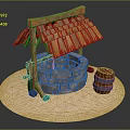 Traditional Well Structure With Wooden Thatched Roof Stone Bricks And Barrel