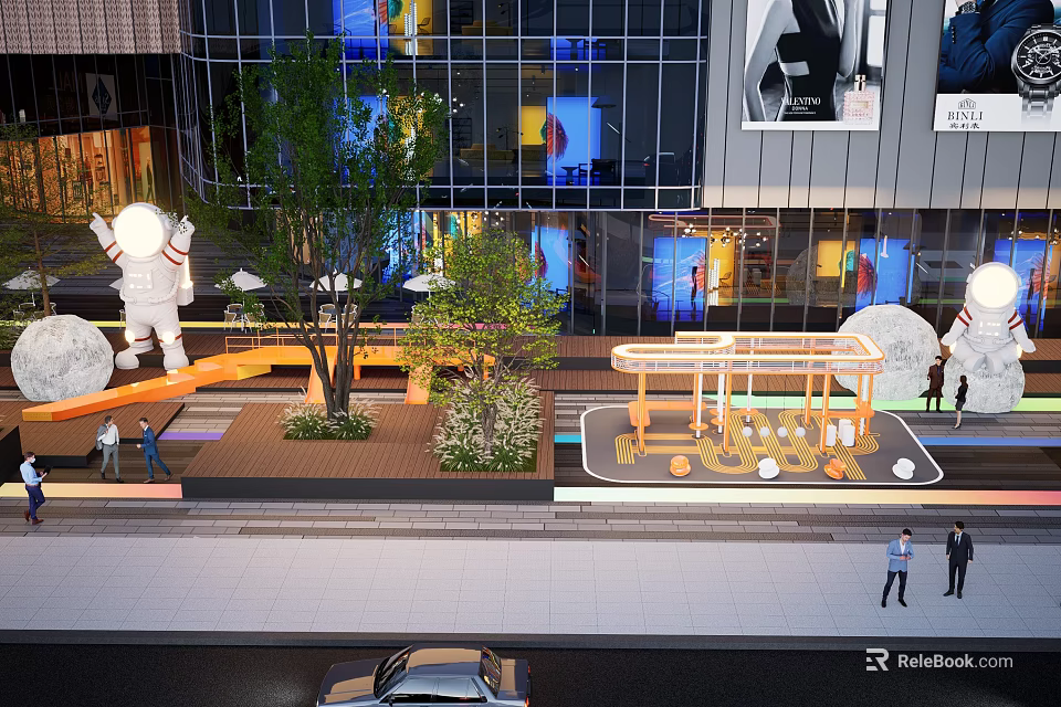 Bustling Modern Commercial Street With Glass Facades Pedestrians Green Plants And Art Sculptures 3d model 