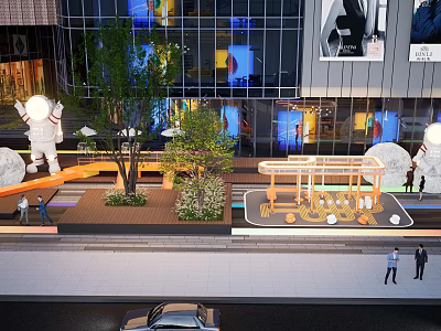 Bustling Modern Commercial Street With Glass Facades Pedestrians Green Plants And Art Sculptures 3d model