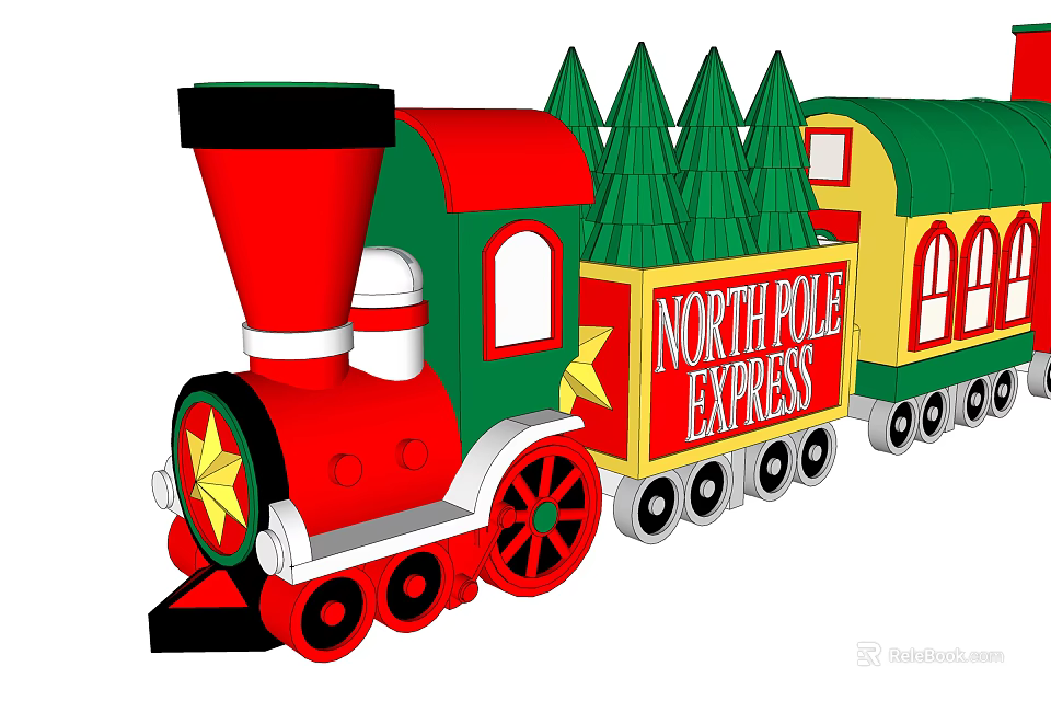 North Pole Express Toy Train With Red Green Design And Christmas Trees 3d model 