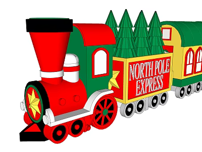 North Pole Express Toy Train With Red Green Design And Christmas Trees 3d model