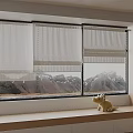 White Window Blinds in Modern Interior with Mountain View and Wooden Windowsill