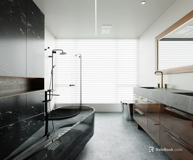 Modern Bathroom Interior With Black Marble Bathtub Shower Double Sink And Wooden Cabinets 3d model 