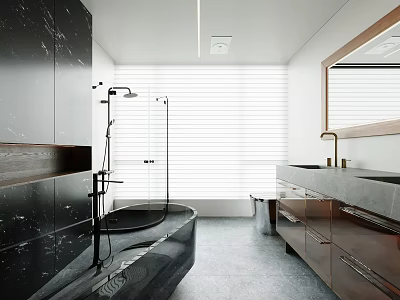 Modern Bathroom Interior With Black Marble Bathtub Shower Double Sink And Wooden Cabinets 3d model