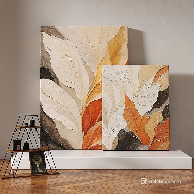 Textured Abstract Painting With Beige Orange Brown Leaf Patterns For Interior Wall Decor 3d model