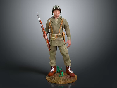 Military Game Movie Character In Green Uniform With Helmet Rifle And Base With Green Plants 3d model