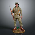 Military Game Movie Character In Green Uniform With Helmet Rifle And Base With Green Plants