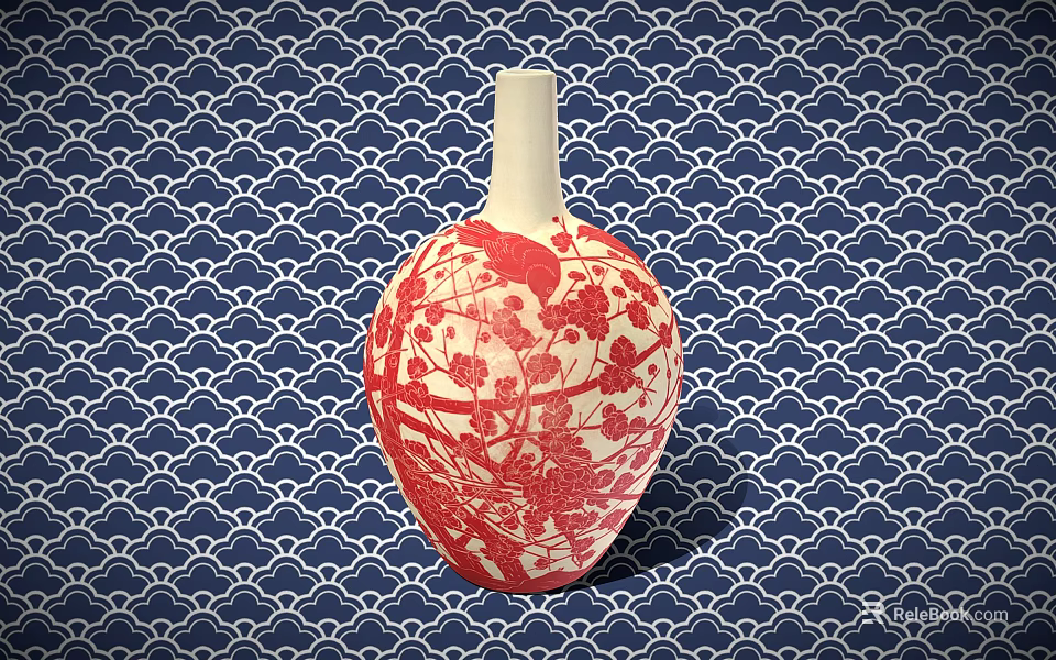 Ceramic Vessel With Red And White Plum Blossom Bird Design Against Blue Wave Pattern Background 3d model 