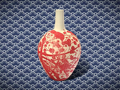 Ceramic Vessel With Red And White Plum Blossom Bird Design Against Blue Wave Pattern Background 3d model