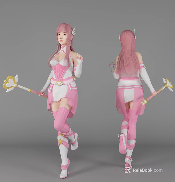 Woman With Pink Hair In Pink And White Outfit Holding Heart Shaped Wand 3d model 