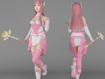 Woman With Pink Hair In Pink And White Outfit Holding Heart Shaped Wand 3d model