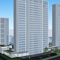 Modern Glass Curtain Wall Office Building With Landscaped Gardens And Pedestrians