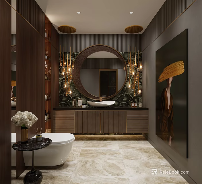 Luxury Modern Bathroom Interior With Large Round Mirror Golden Lights Marble Floor And Freestanding Bathtub 3d model 