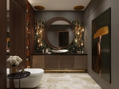 Luxury Modern Bathroom Interior With Large Round Mirror Golden Lights Marble Floor And Freestanding Bathtub 3d model