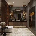 Luxury Modern Bathroom Interior With Large Round Mirror Golden Lights Marble Floor And Freestanding Bathtub