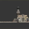 Cartoon Style Building Scene With Tower Runway Wooden Roof Warning Signs And Red Equipment