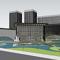 Modern Architectural Landscape Featuring Water Pool Arched Structures Trees And Bridge
