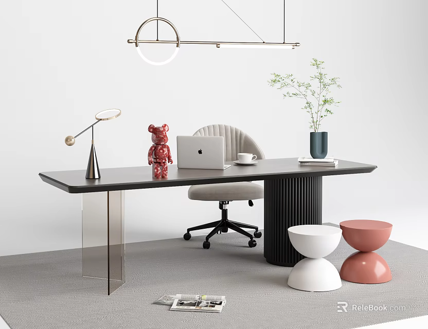 Interior with Modern Desk Featuring Laptop Red Bear Lamp Green Plant and Colorful Stools 3d model 