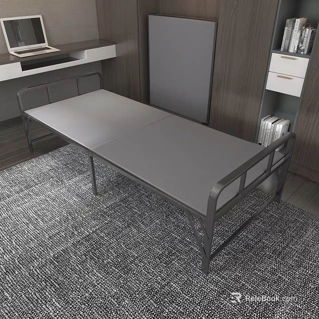 Modern Metal Frame Bed With Gray Mattress On Patterned Rug Near Bookshelf And Desk 3d model 
