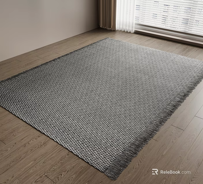 Stylish Woven Square Area Rug In Gray Tones With Fringed Edges On Wooden Floor 3d model 