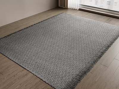 Stylish Woven Square Area Rug In Gray Tones With Fringed Edges On Wooden Floor 3d model