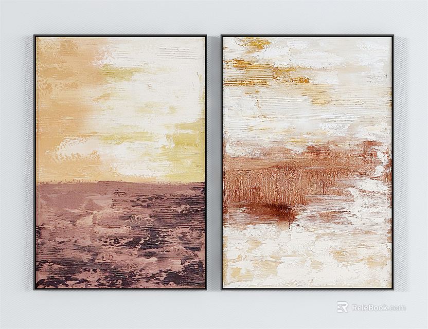Abstract Oil Paintings With Yellow Beige Brown And Deep Purple Brush Strokes 3d model 