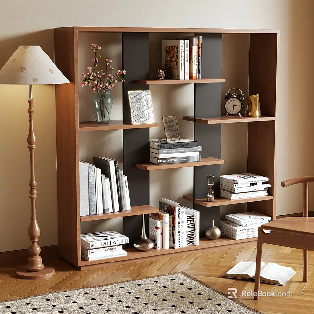 Wooden Multi Tiered Shelving Unit Featuring Books Decorative Vases Photo Frames Clock And Floor Lamp 3d model 