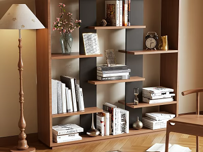 Wooden Multi Tiered Shelving Unit Featuring Books Decorative Vases Photo Frames Clock And Floor Lamp 3d model