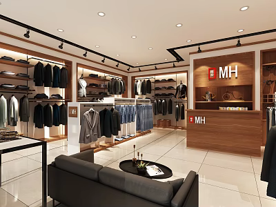 Modern Upscale Clothing Store Interior With Clothing Racks Sofa Seating And Reception Desk 3d model