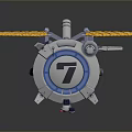 Mechanical Satellite Model With Circular Platform Number 7 Four Legs Yellow Panels And Antenna