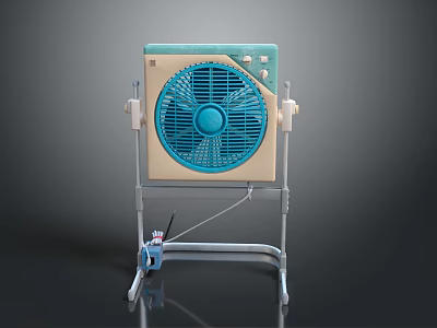 Table Electric Fan With Blue Blades And Beige Body On Metal Stand With Control Device 3d model